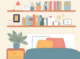 Fototapeta premium Cozy Bedroom Interior with Bookshelf and Bed