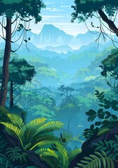 Jungle Landscape Illustration With Lush Green Foliage And Mountain Background
