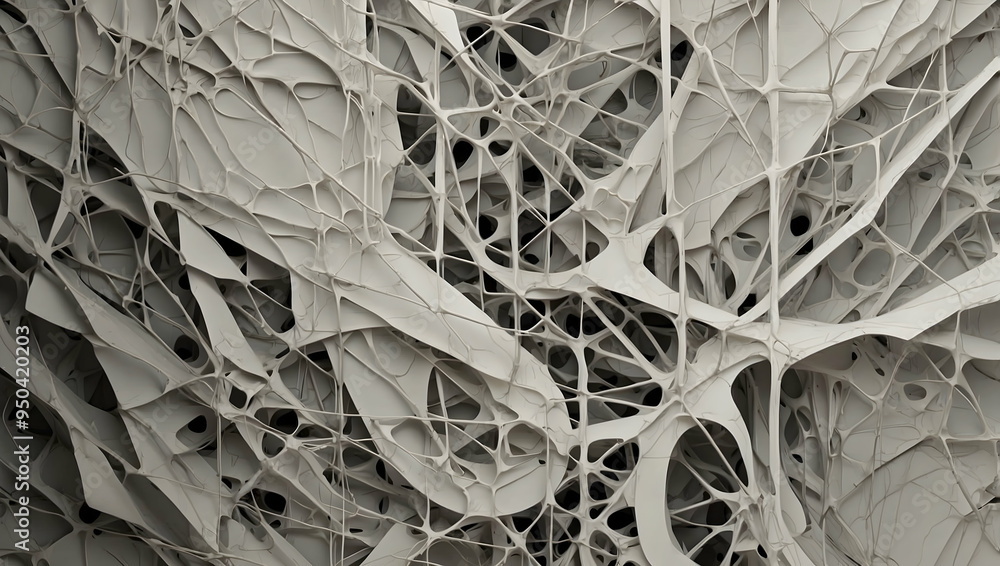 Poster intricate white web: a mesmerizing grayscale abstract of interconnected, flowing lines and shapes, e