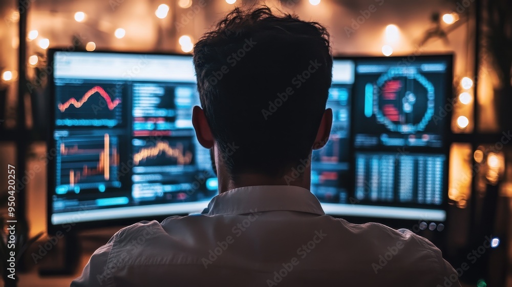 Poster focused trader analyzing financial charts and data on multiple screens