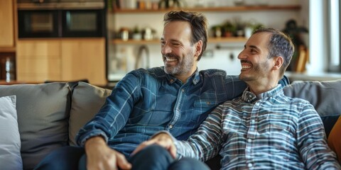 Smiling latino middle-aged gay couple embraces on the couch, enjoying a peaceful moment of togetherness.