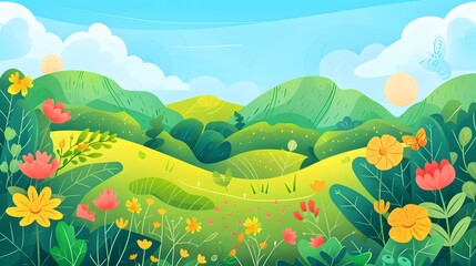 Fototapeta premium Summer Landscape with Green Hills and Flowers
