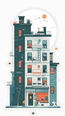 Cityscape Illustration with People and a Dog