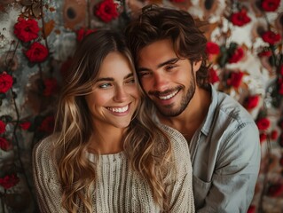 Fototapeta premium A young couple smiles lovingly at each other in front of a wall of red roses.