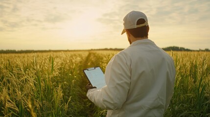Farmer Inspecting Crop in Golden Wheat Field at Sunrise