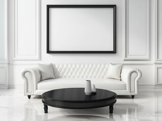 Pearl white couch and black table centerpiece in a minimalist modern 3D-rendered room.