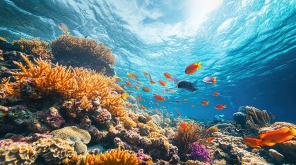 Naklejka premium Vibrant coral reef teeming with colorful fish and marine life in crystal-clear tropical waters