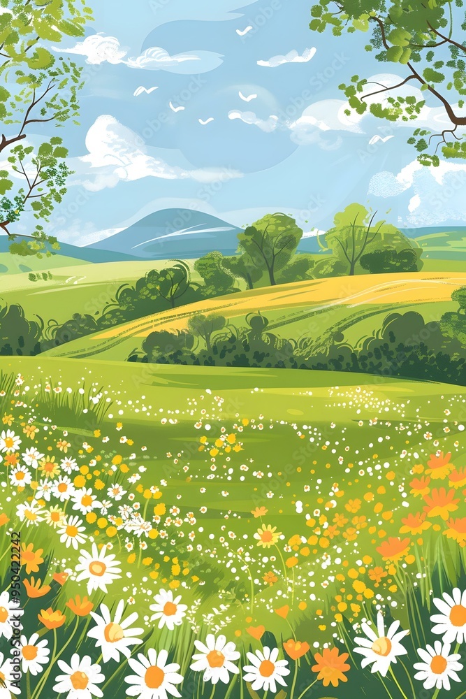 Poster spring meadow illustration with daisies