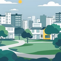 Modern Cityscape With Green Park And Houses