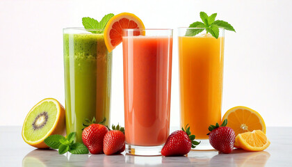 Three glasses of fresh fruit juice with strawberries, orange and kiwi fruit on marble counter