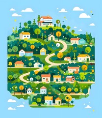 Colorful Illustration of a Small Town on a Hill