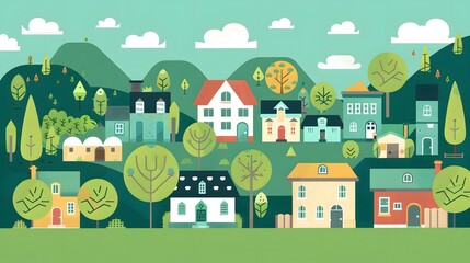 Cute Colorful Village Illustration with Green Hills and Houses
