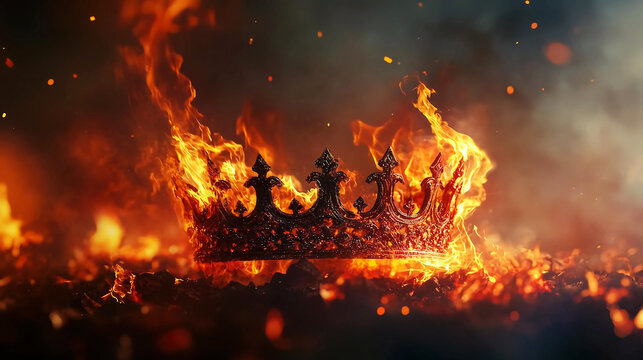 fiery king crown. burning in fire glowing , rise and fall of a medieval empire. Medieval, king, queen, prince, princess, knight concept.