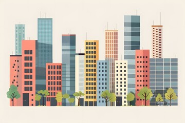 Fototapeta premium Cityscape with Colorful Buildings and Trees Illustration