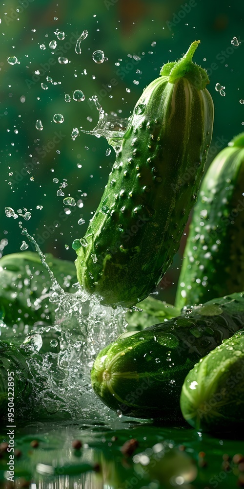 Poster fresh cucumbers in a splash of water. the vibrant green color and glistening droplets create a refre