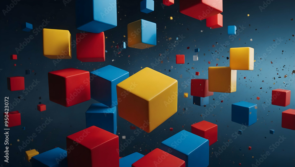 Poster abstract floating cubes: a mesmerizing display of vibrant red, yellow, and blue cubes dance in a thr