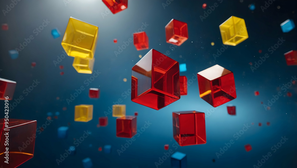 Poster abstract floating cubes: a mesmerizing display of vibrant red, yellow, and blue cubes dance in a thr