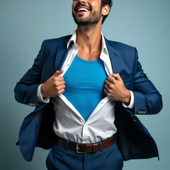 Businessman opening shirt revealing superhero suit underneath
