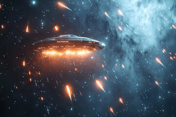 An enigmatic UFO navigates a thrilling meteor shower, captivating the cosmos with its glowing presence and dynamic motion.