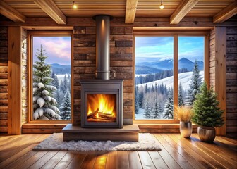 Fireplace in a house and winter landscape outside the window.