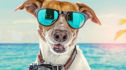 dog taking pictures with a fancy photo camera