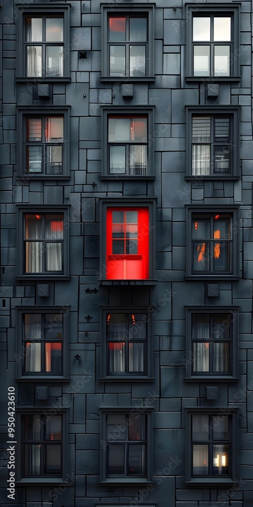 Poster a row of windows in a building, with a single red window standing out from the rest.