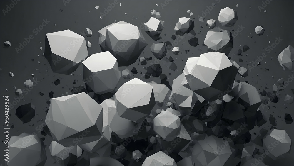 Poster abstract geometric chaos: a mesmerizing field of jagged, monochrome pyramids and geometric shapes cr