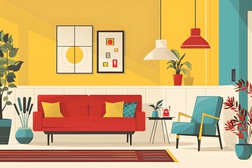 Mid Century Modern Living Room Interior Design Illustration