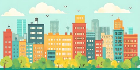 Fototapeta premium Colorful Cityscape Illustration with Green Trees and Blue Sky