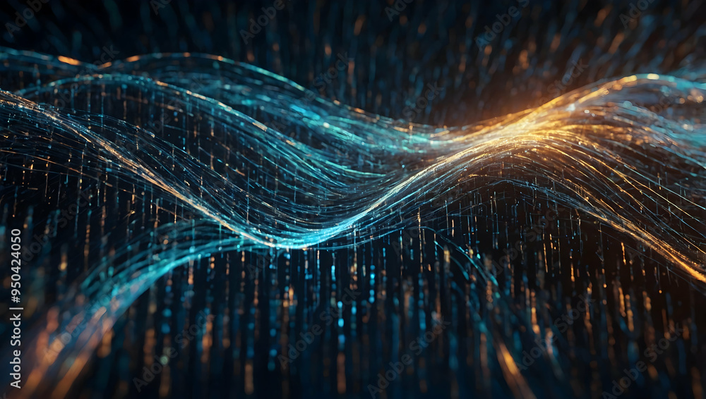 Poster digital flow: abstract digital particles, illuminated in a mesmerizing blue hue, dance and flow in a