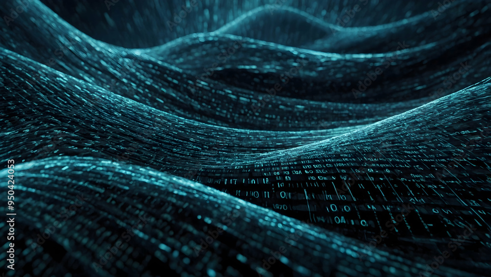 Poster digital flow: abstract digital particles, illuminated in a mesmerizing blue hue, dance and flow in a