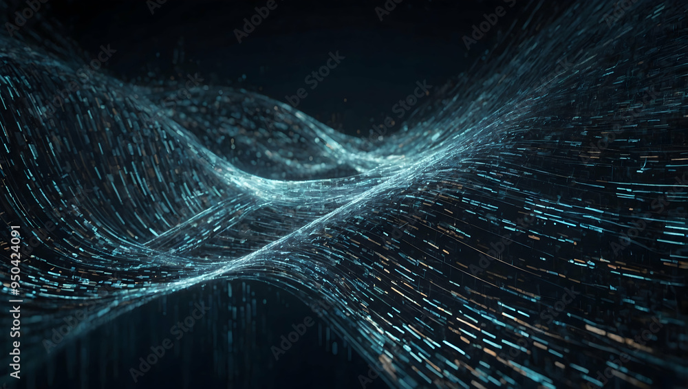 Poster digital flow: abstract digital particles, illuminated in a mesmerizing blue hue, dance and flow in a