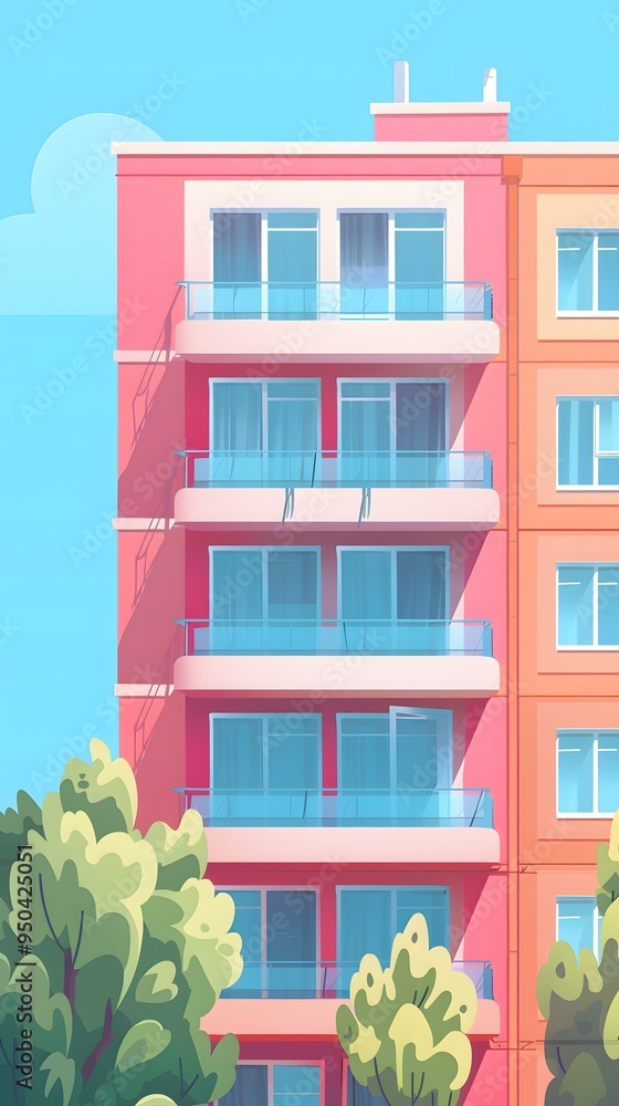 Sticker Pink Building with Balcony and Green Trees