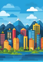 Obraz premium Flat Design Cityscape with Mountains and River