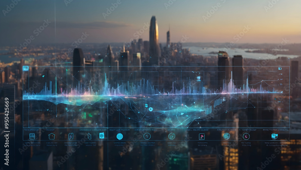 Poster cityscape data visualization: a captivating skyline of a modern metropolis, illuminated by the glow 