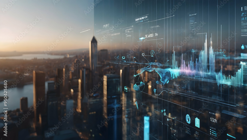 Poster cityscape data visualization: a captivating skyline of a modern metropolis, illuminated by the glow 