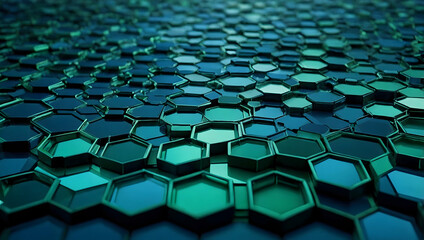 Obraz premium Emerald Hexagon Array: A mesmerizing expanse of shimmering emerald green hexagons, forming a dynamic and futuristic technological pattern. 