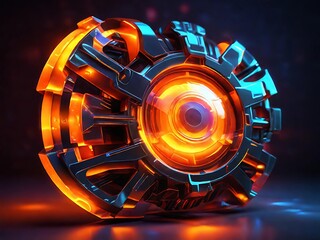 3D glowing holographic gear, neon orange light, floating in a dark digital interface, sharp edges, and detailed textures