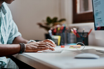 Hands, typing and keyboard at startup, office and editing proposal with review at media company. Person, computer and writer with insight, planning or project management for job at creative agency