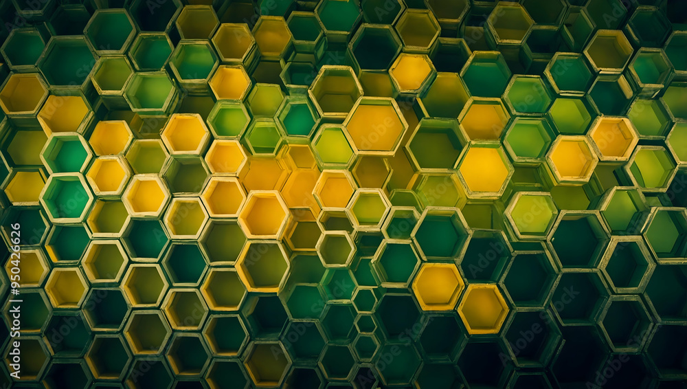 Poster abstract hexagon pattern: a mesmerizing abstract pattern of green and yellow hexagons. the geometric