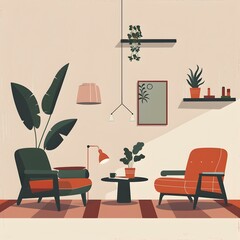 Minimalist Living Room Illustration with Two Armchairs and Plants