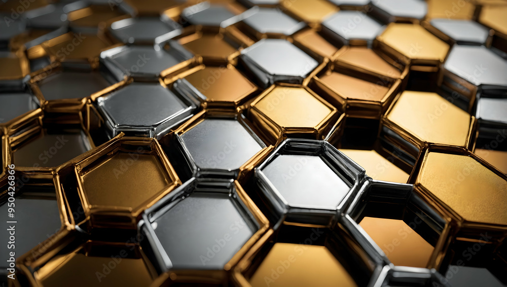 Poster golden hexagon abstract: a mesmerizing, close-up abstract image of a chrome and gold geometric patte