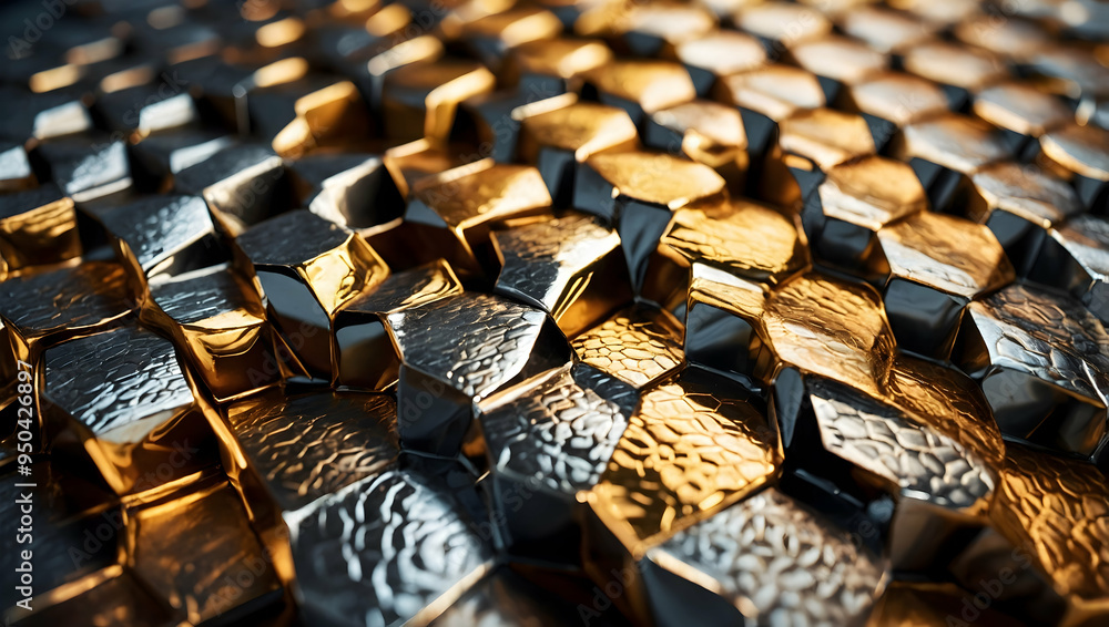 Poster golden hexagon abstract: a mesmerizing, close-up abstract image of a chrome and gold geometric patte