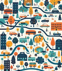 Cityscape Illustration with Buildings, Trees, and Vehicles