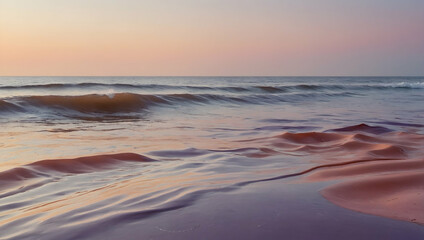 Naklejka premium Serene Sunset Surf: A single wave breaks on the shore as the sun dips below the horizon, casting a soft, pink glow over the water. The scene is a perfect blend of tranquility and beauty, inviting view