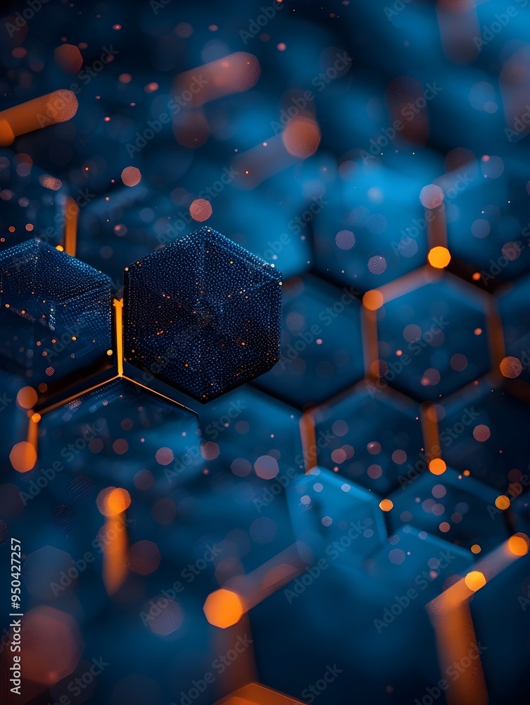 Poster abstract blue and orange hexagon pattern with bokeh lights.