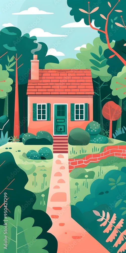 Canvas Prints Illustrated House in Green Forest