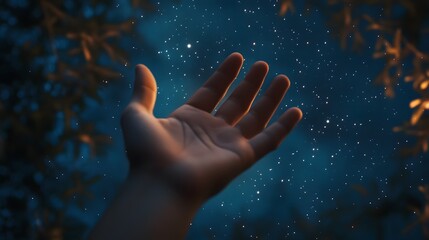 Open Palm: A hand with an open palm up, against a starry night sky. 
