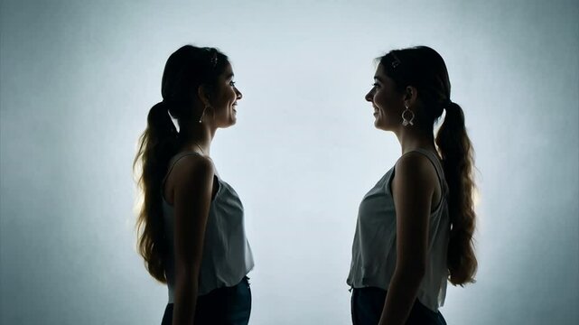 Two young twin women looking at each other in the studio