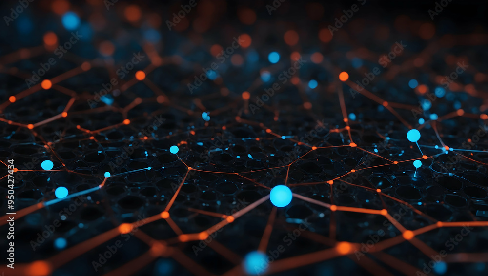 Poster abstract network connections: a mesmerizing abstract network of glowing blue and orange dots connect